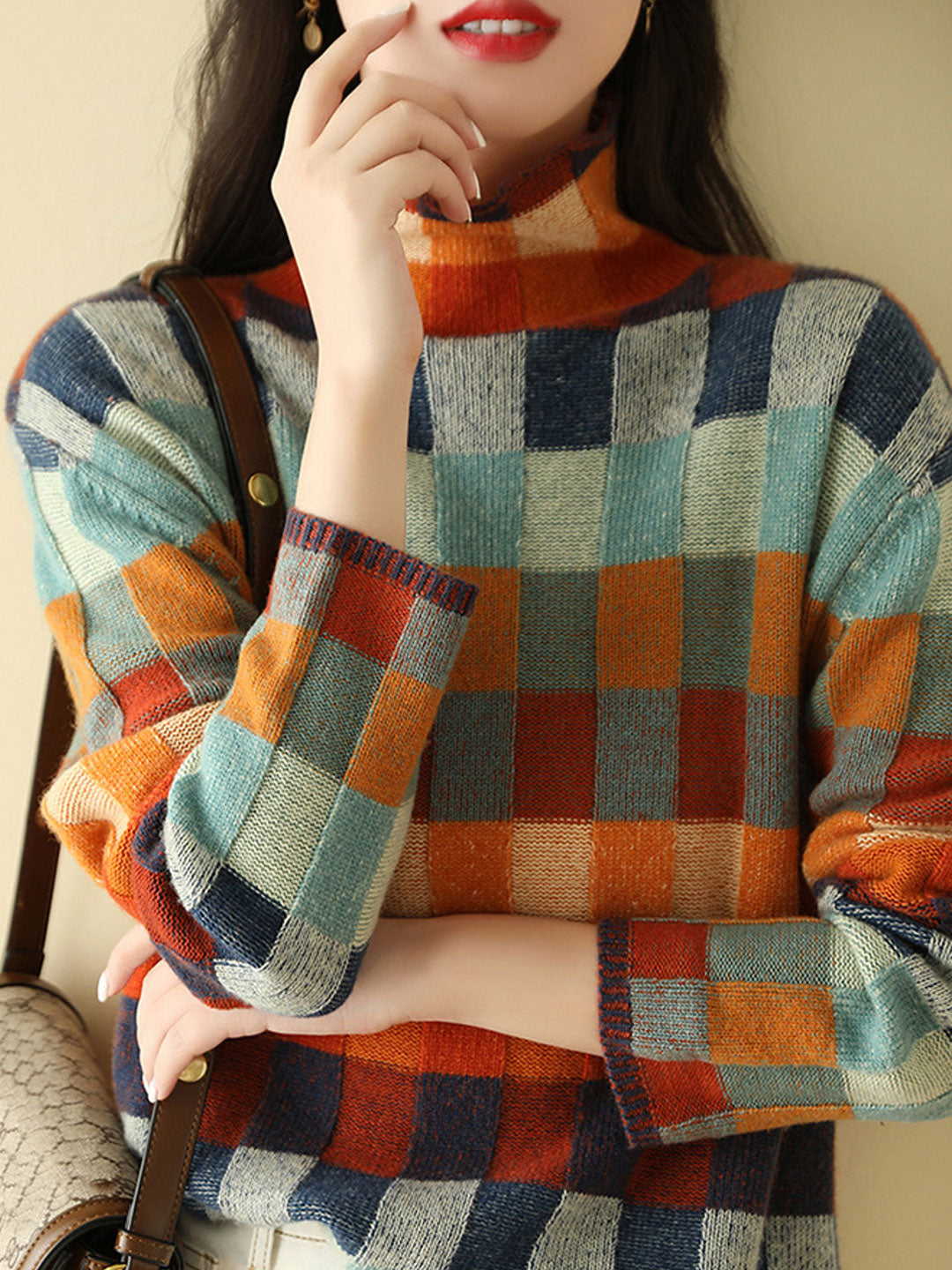 Amara | Loose Turtleneck Plaid Knitted Jumper